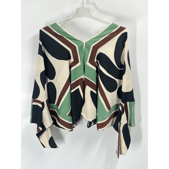 Zara Retro Geometric Print Poncho Top Dolman Sleeve Green Brown Sz Large - Picture 5 of 5